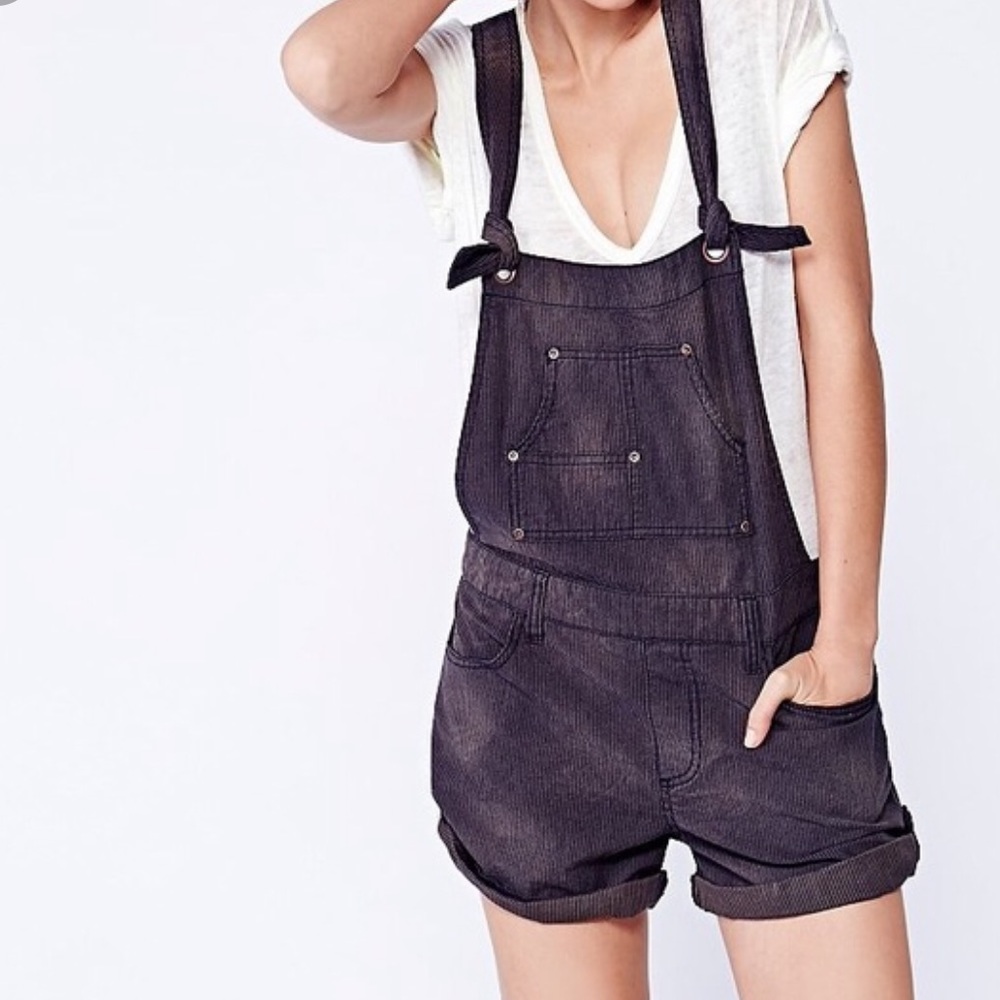 Free People Railroad stripe overalls